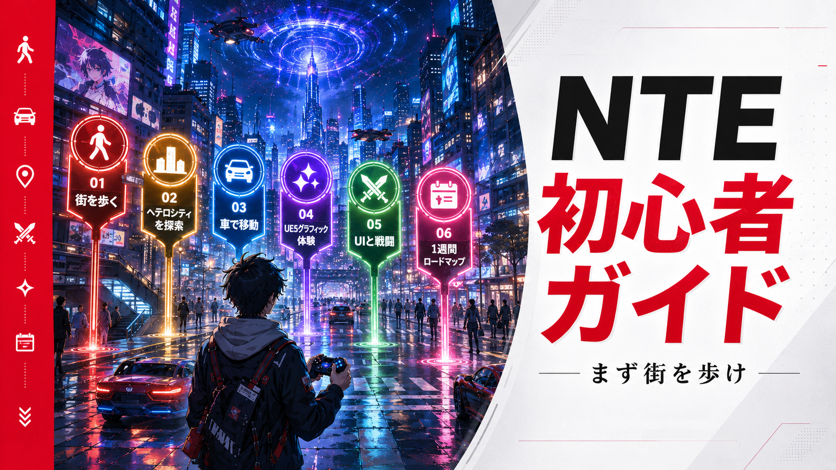 『NTE（Neverness to Everness）』初心者向けに、ヘテロシティの街歩き・車移動・UE5グラフィック・UI・戦闘・1週間ロードマップをまとめたガイドページのサムネイル