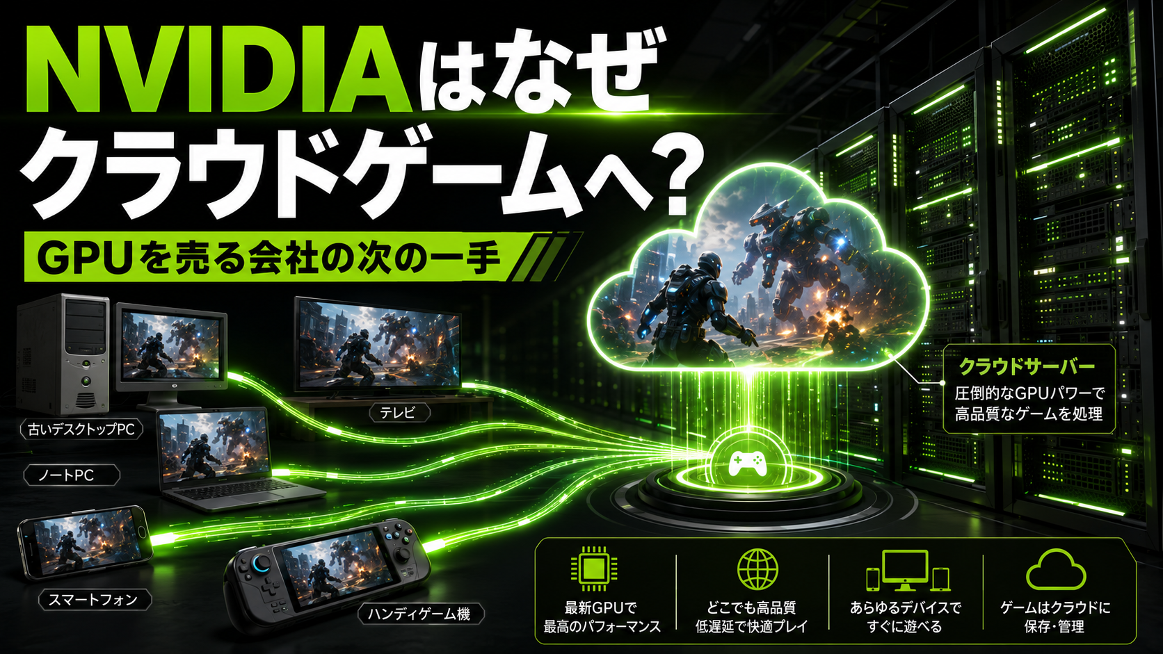 NVIDIAがGPU販売に加えてGeForce NOWによるクラウドゲーミングを始めた理由を表現した記事サムネイル