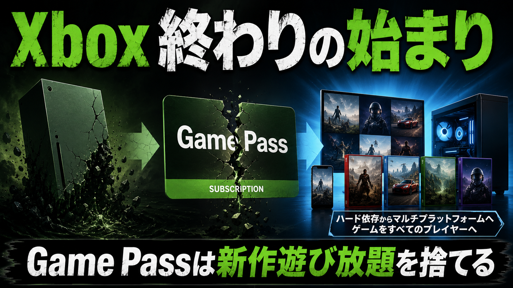 XboxとGame Passの終わりの始まりを表現したアイキャッチ。割れかけたサブスクカードと、複数プラットフォームに広がるゲーム販売の構図。
