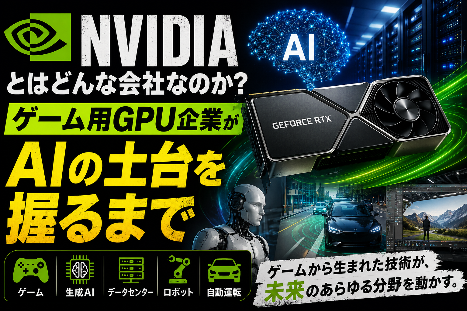 NVIDIAとはどんな会社なのかをテーマに、GeForce RTXのGPU、AI、データセンター、ロボット、自動運転を描いた記事サムネイル