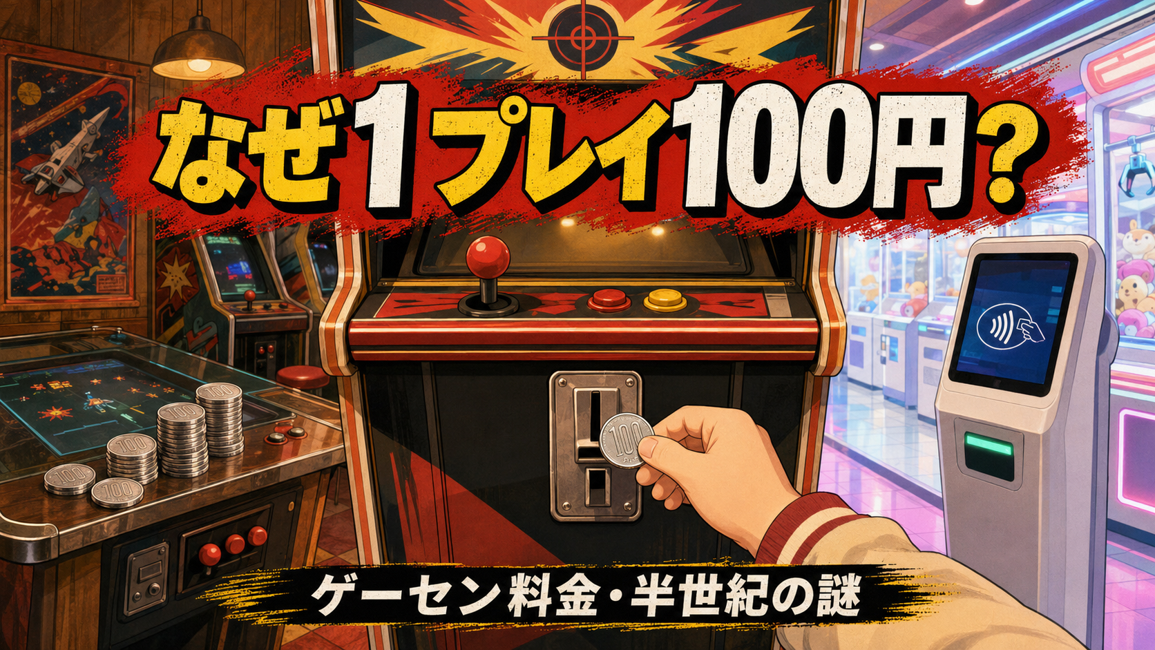 レトロなゲームセンターでアーケードゲーム機に100円玉を入れる様子と「なぜ1プレイ100円？」の文字