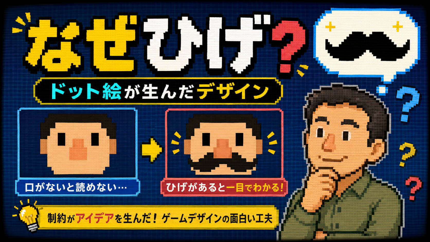 16×16ドットのゲームキャラクターの口ひげと「マリオはなぜひげ？」の文字