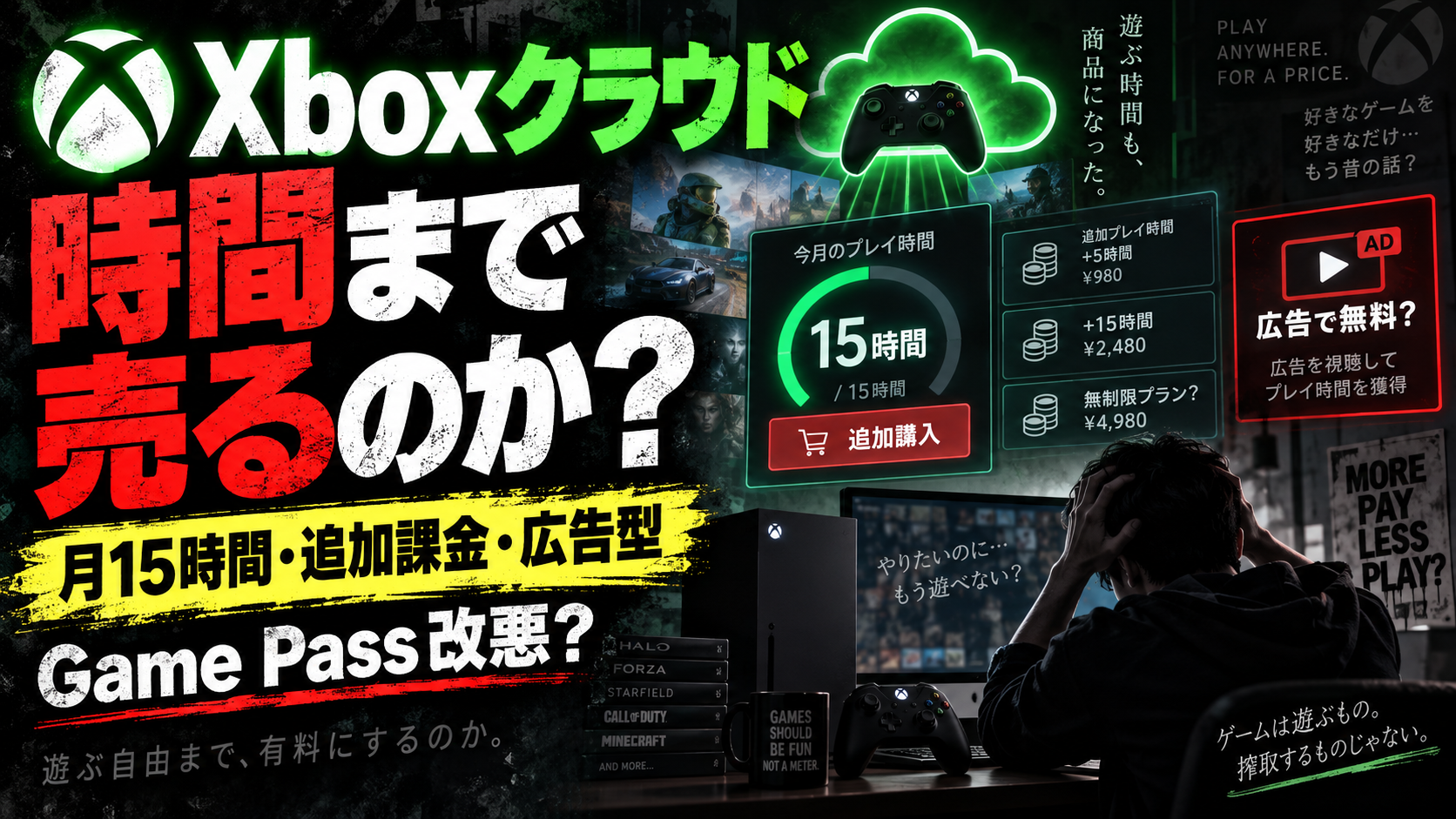 Xbox Cloud Gamingの月15時間制限・追加課金・広告型クラウドを批判的に表現したサムネイル画像。