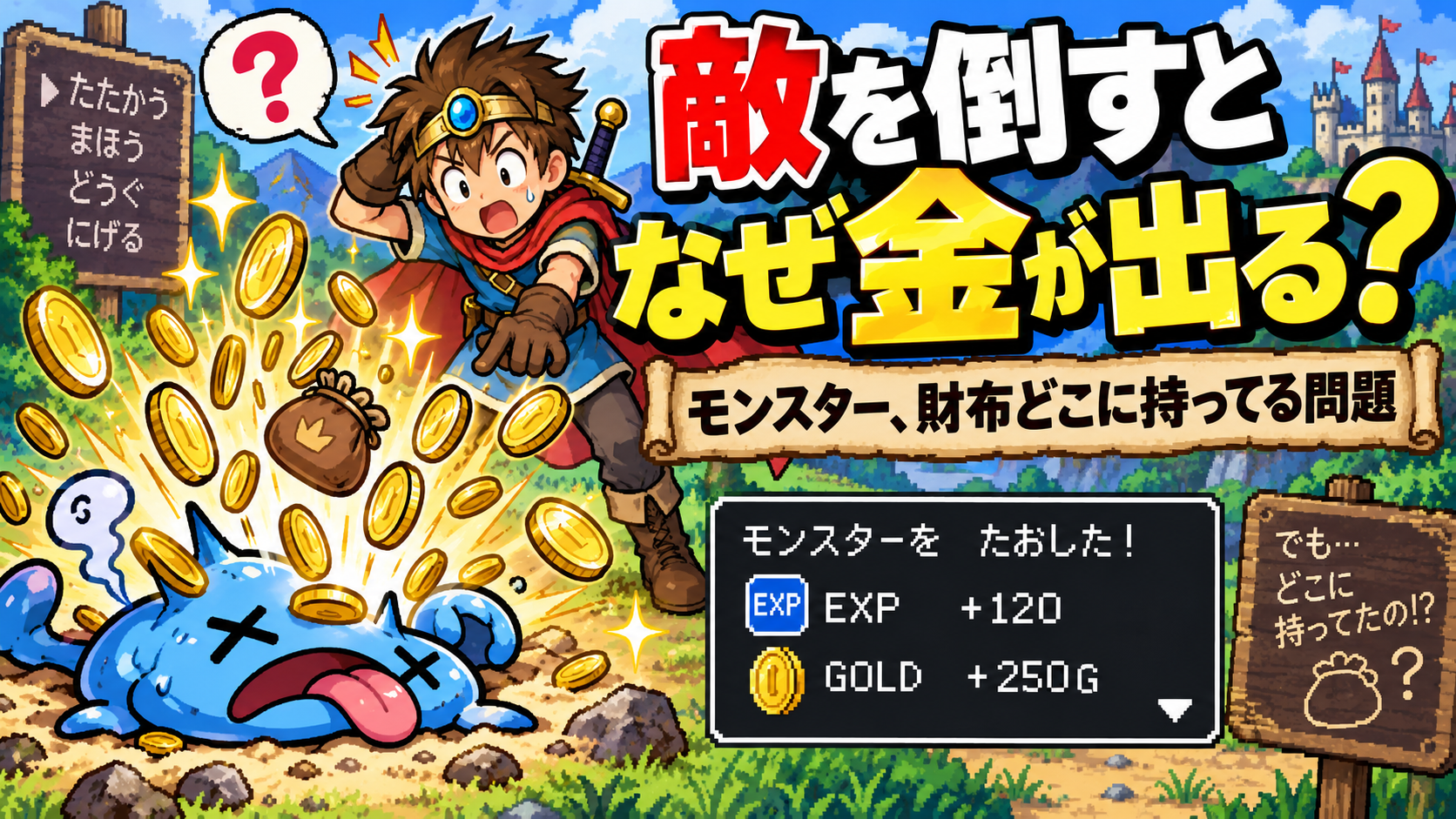RPG風のモンスターを倒すと大量の金貨が飛び出す様子と「敵を倒すとなぜ金が出る？」の文字